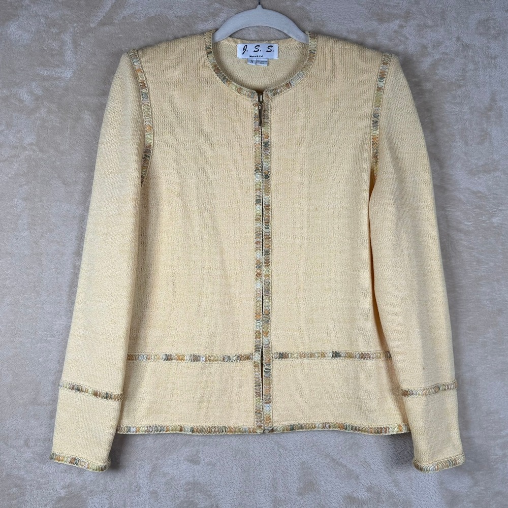 J.S.S. Vintage Wool Blend Zip Front Cardigan Sweater Yellow Whipstitch Trim Sz S